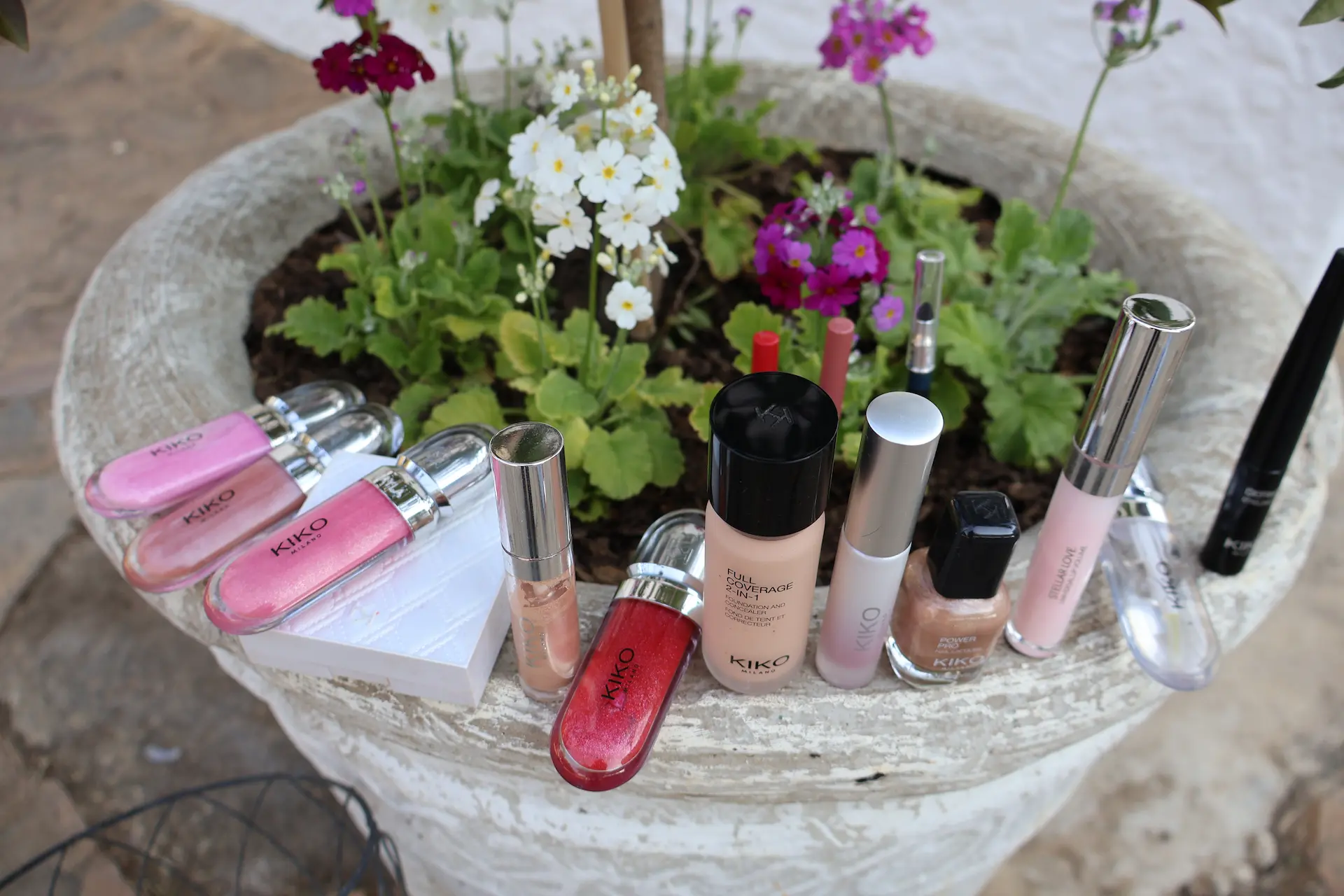KIKO Milano Products arranged aesthetically on a flower pot
